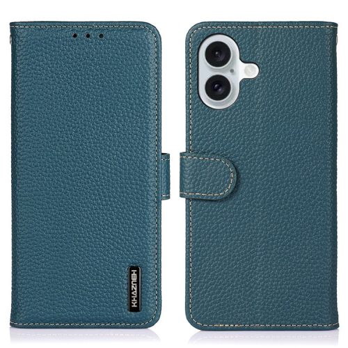 KHAZNEH For iPhone 16 Case Genuine Cow Leather Phone Cover Litchi Texture - Green