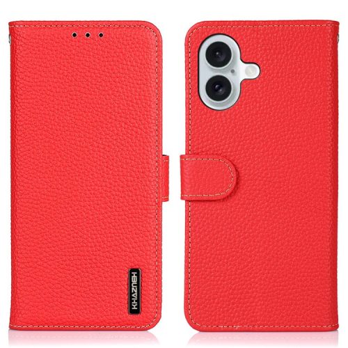 KHAZNEH For iPhone 16 Case Genuine Cow Leather Phone Cover Litchi Texture - Red