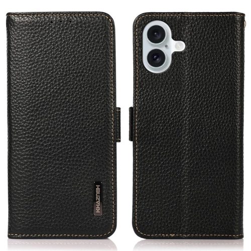 KHAZNEH For iPhone 16 Case Genuine Cow Leather Phone Cover RFID Blocking Wallet - Black