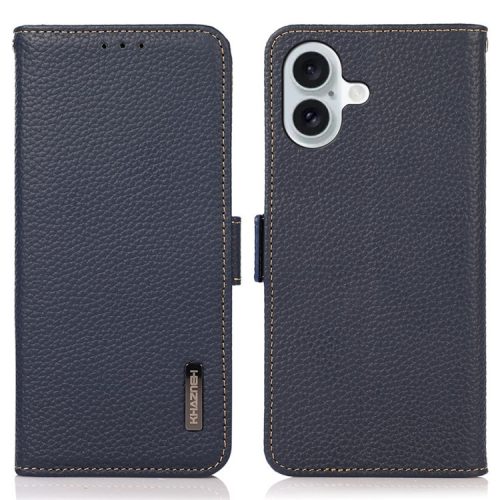 KHAZNEH For iPhone 16 Case Genuine Cow Leather Phone Cover RFID Blocking Wallet - Blue