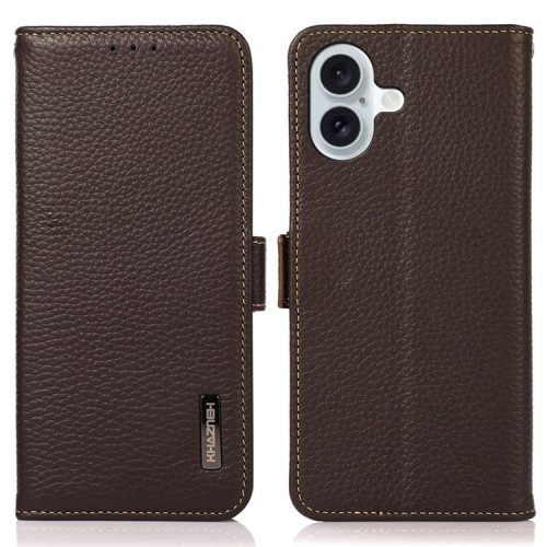 KHAZNEH For iPhone 16 Case Genuine Cow Leather Phone Cover RFID Blocking Wallet - Brown