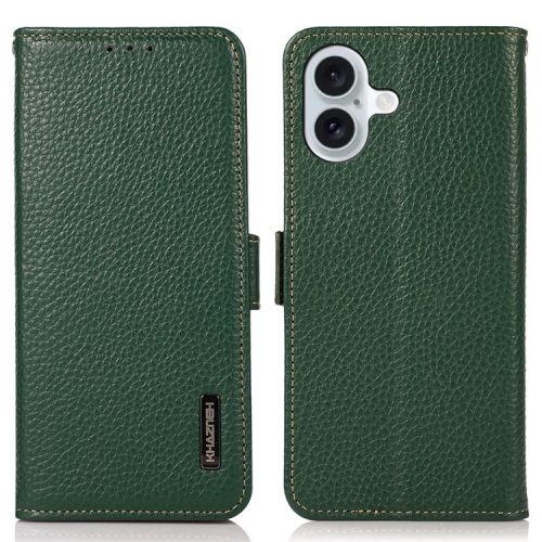 KHAZNEH For iPhone 16 Case Genuine Cow Leather Phone Cover RFID Blocking Wallet - Green