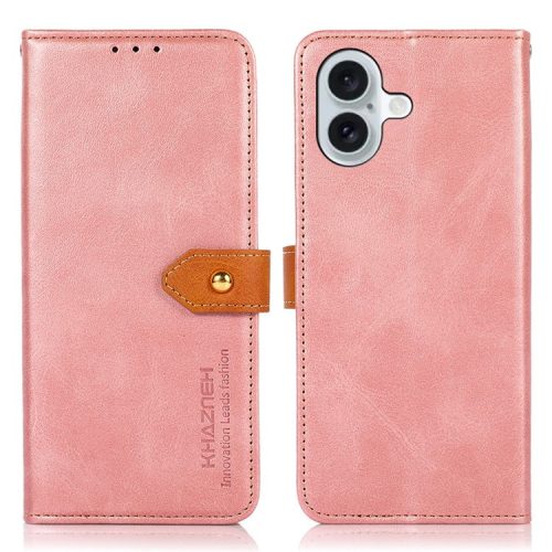 KHAZNEH For iPhone 16 Case PU Leather Phone Cover with Golden Magnetic Clasp Decor - Rose Gold