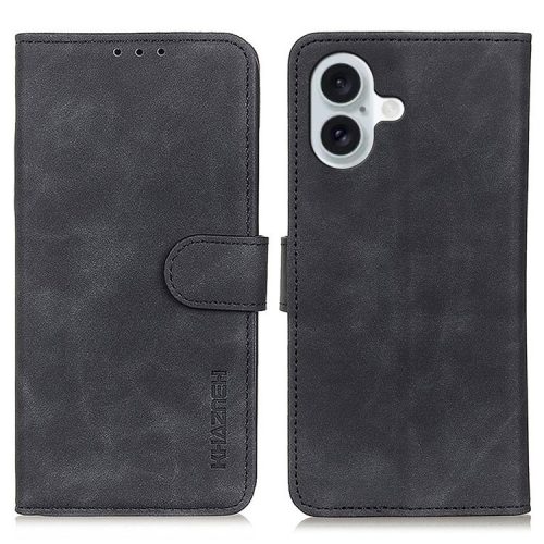 KHAZNEH For iPhone 16 Case Retro Leather Phone Cover with Wallet Stand - Black