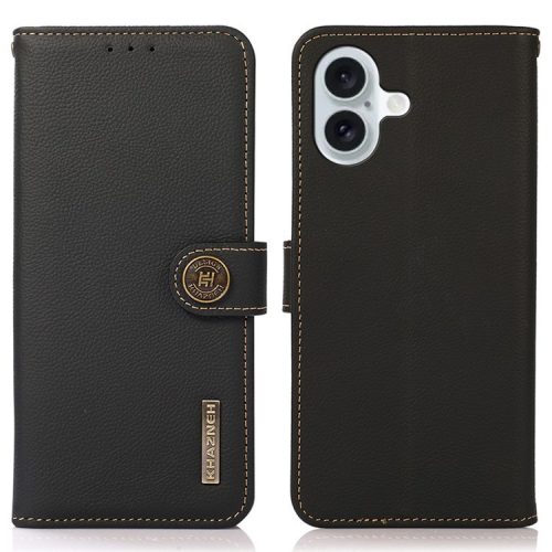 KHAZNEH For iPhone 16 Case RFID Blocking Genuine Cow Leather Phone Wallet Cover -  Black