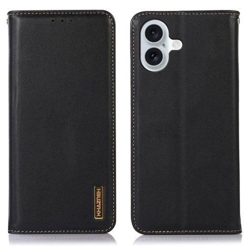 KHAZNEH For iPhone 16 Case RFID Blocking Genuine Cow Leather Wallet Flip Folio Phone Cover - Black