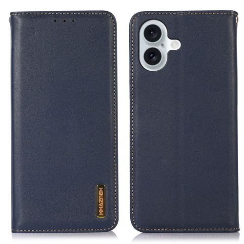 KHAZNEH For iPhone 16 Case RFID Blocking Genuine Cow Leather Wallet Flip Folio Phone Cover - Blue