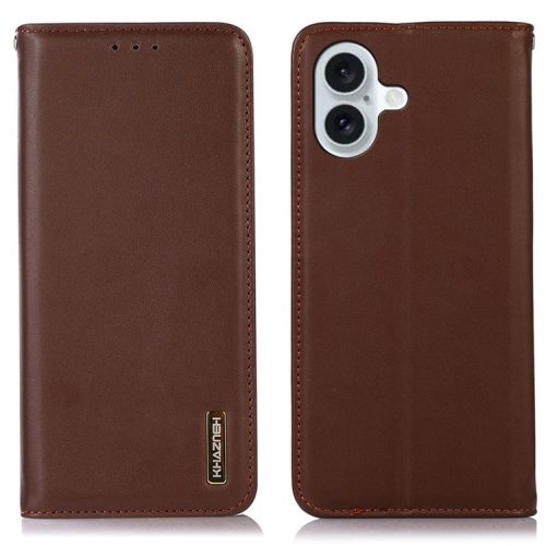 KHAZNEH For iPhone 16 Case RFID Blocking Genuine Cow Leather Wallet Flip Folio Phone Cover - Brown