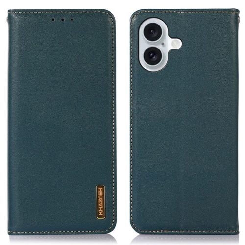 KHAZNEH For iPhone 16 Case RFID Blocking Genuine Cow Leather Wallet Flip Folio Phone Cover - Green