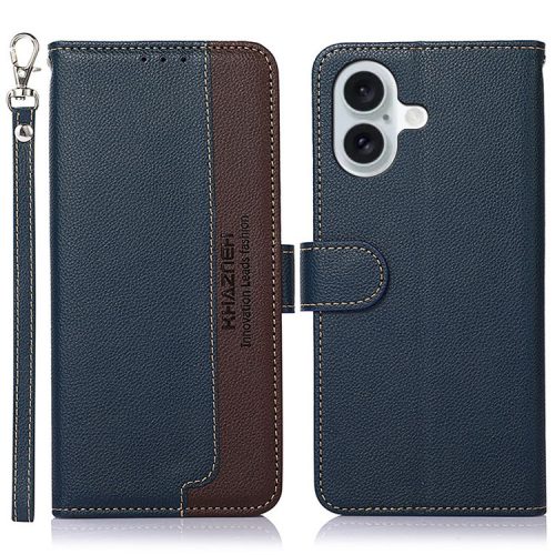 KHAZNEH For iPhone 16 Case RFID Blocking Wallet Leather Folio Flip Phone Cover - Blue