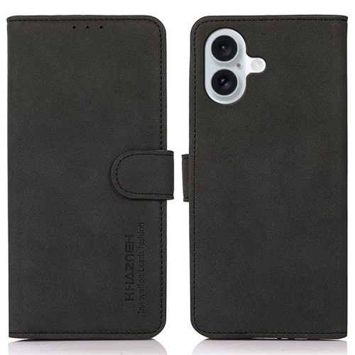 KHAZNEH For iPhone 16 Case Texture PU Leather Folding Stand Phone Cover - Black