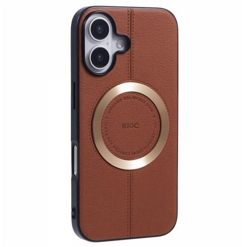 KIGC For iPhone 16 Case Compatible with MagSafe Litchi Texture Leather Coated PC+TPU Phone Cover - Brown