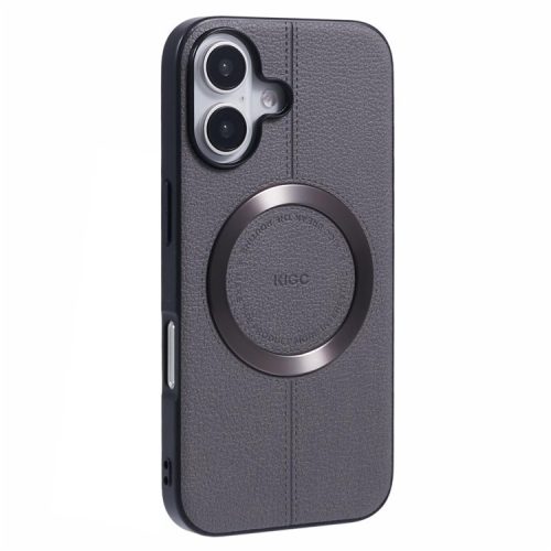 KIGC For iPhone 16 Case Compatible with MagSafe Litchi Texture Leather Coated PC+TPU Phone Cover - Grey