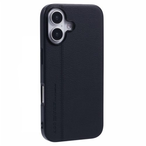 KIGC For iPhone 16 Case Litchi Texture Leather Coated PC+TPU Phone Cover - Black