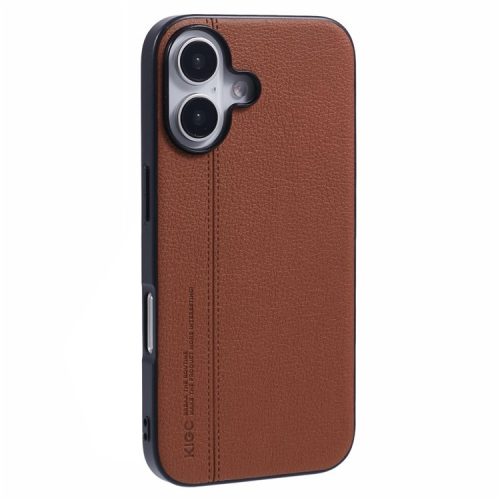 KIGC For iPhone 16 Case Litchi Texture Leather Coated PC+TPU Phone Cover - Brown