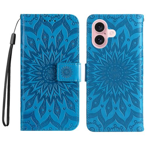 KT Imprinting Flower Series-1 For iPhone 16 Wallet Case Imprint PU Leather Card Slots Cover - Blue