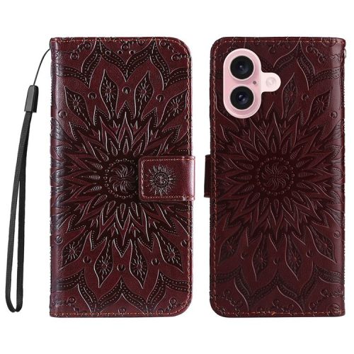 KT Imprinting Flower Series-1 For iPhone 16 Wallet Case Imprint PU Leather Card Slots Cover - Brown