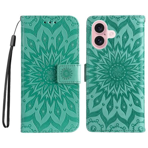 KT Imprinting Flower Series-1 For iPhone 16 Wallet Case Imprint PU Leather Card Slots Cover - Green