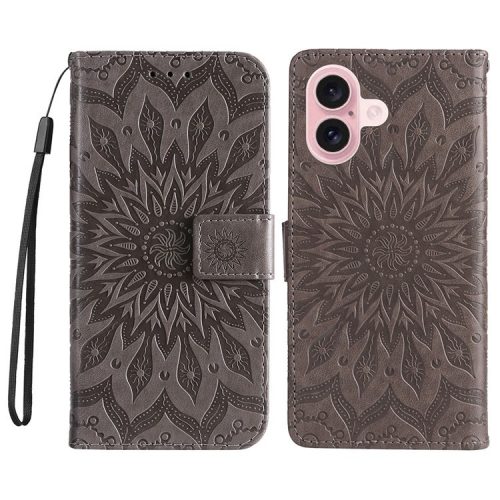 KT Imprinting Flower Series-1 For iPhone 16 Wallet Case Imprint PU Leather Card Slots Cover - Grey