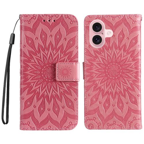 KT Imprinting Flower Series-1 For iPhone 16 Wallet Case Imprint PU Leather Card Slots Cover - Pink