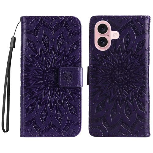 KT Imprinting Flower Series-1 For iPhone 16 Wallet Case Imprint PU Leather Card Slots Cover - Purple