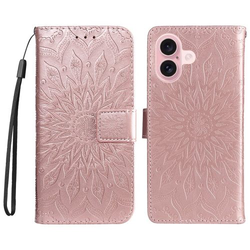 KT Imprinting Flower Series-1 For iPhone 16 Wallet Case Imprint PU Leather Card Slots Cover - Rose Gold