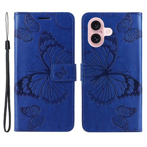 KT Imprinting Flower Series-2 For iPhone 16 Wallet Case Protective Leather Flip Cover - Blue