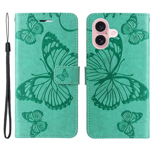 KT Imprinting Flower Series-2 For iPhone 16 Wallet Case Protective Leather Flip Cover - Green