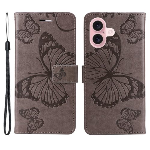 KT Imprinting Flower Series-2 For iPhone 16 Wallet Case Protective Leather Flip Cover - Grey