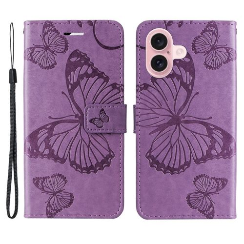 KT Imprinting Flower Series-2 For iPhone 16 Wallet Case Protective Leather Flip Cover - Light Purple