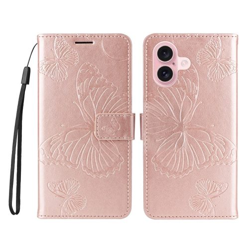 KT Imprinting Flower Series-2 For iPhone 16 Wallet Case Protective Leather Flip Cover - Rose Gold