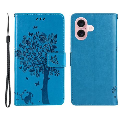 KT Imprinting Flower Series-3 For iPhone 16 Case Wallet Stand Leather Cover Cat Tree Pattern - Blue