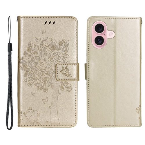 KT Imprinting Flower Series-3 For iPhone 16 Case Wallet Stand Leather Cover Cat Tree Pattern - Gold