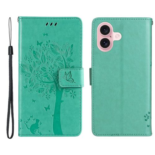 KT Imprinting Flower Series-3 For iPhone 16 Case Wallet Stand Leather Cover Cat Tree Pattern - Green