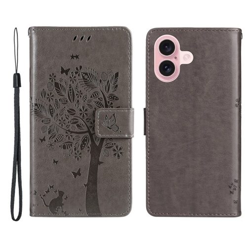 KT Imprinting Flower Series-3 For iPhone 16 Case Wallet Stand Leather Cover Cat Tree Pattern - Grey