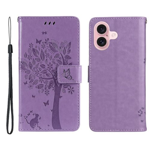 KT Imprinting Flower Series-3 For iPhone 16 Case Wallet Stand Leather Cover Cat Tree Pattern - Light Purple