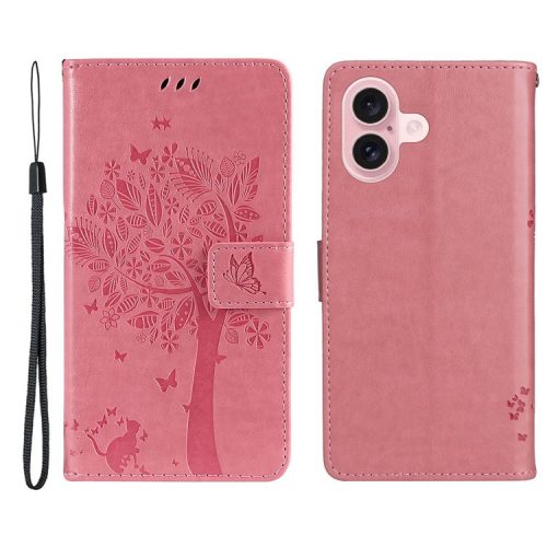 KT Imprinting Flower Series-3 For iPhone 16 Case Wallet Stand Leather Cover Cat Tree Pattern - Pink