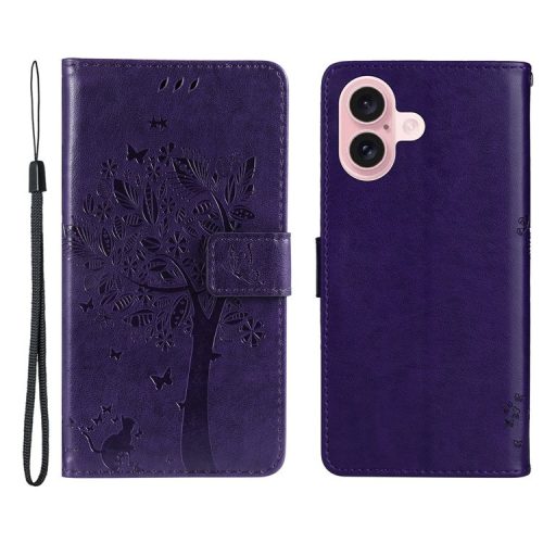 KT Imprinting Flower Series-3 For iPhone 16 Case Wallet Stand Leather Cover Cat Tree Pattern - Purple