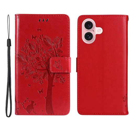 KT Imprinting Flower Series-3 For iPhone 16 Case Wallet Stand Leather Cover Cat Tree Pattern - Red