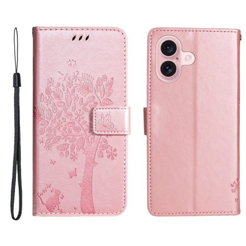 KT Imprinting Flower Series-3 For iPhone 16 Case Wallet Stand Leather Cover Cat Tree Pattern - Rose Gold