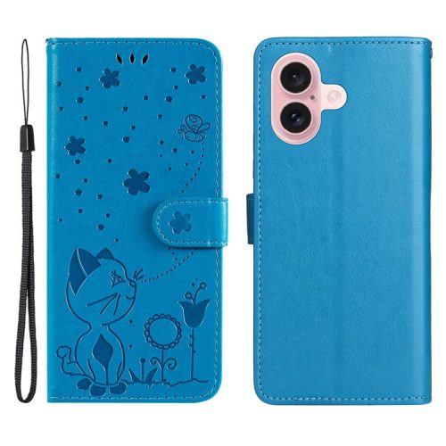 KT Imprinting Flower Series-4 For iPhone 16 Case Cat Bee Pattern Leather Cover with Strap - Blue