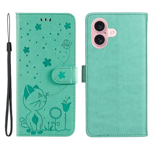 KT Imprinting Flower Series-4 For iPhone 16 Case Cat Bee Pattern Leather Cover with Strap - Green