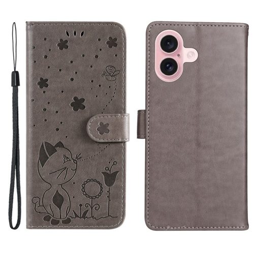 KT Imprinting Flower Series-4 For iPhone 16 Case Cat Bee Pattern Leather Cover with Strap - Grey