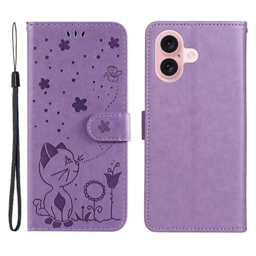 KT Imprinting Flower Series-4 For iPhone 16 Case Cat Bee Pattern Leather Cover with Strap - Purple