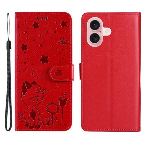 KT Imprinting Flower Series-4 For iPhone 16 Case Cat Bee Pattern Leather Cover with Strap - Red