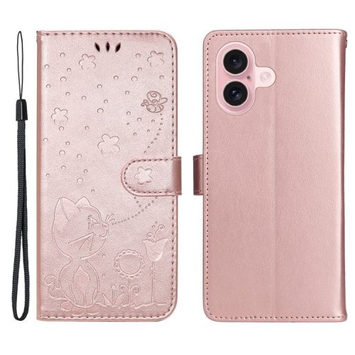 KT Imprinting Flower Series-4 For iPhone 16 Case Cat Bee Pattern Leather Cover with Strap - Rose Gold