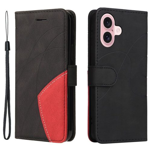 KT Leather Series-1 For iPhone 16 Case Color Splicing Wallet PU Leather Phone Cover -  Black