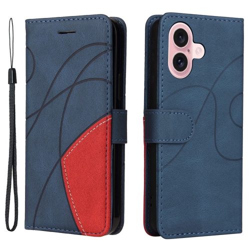 KT Leather Series-1 For iPhone 16 Case Color Splicing Wallet PU Leather Phone Cover -  Blue