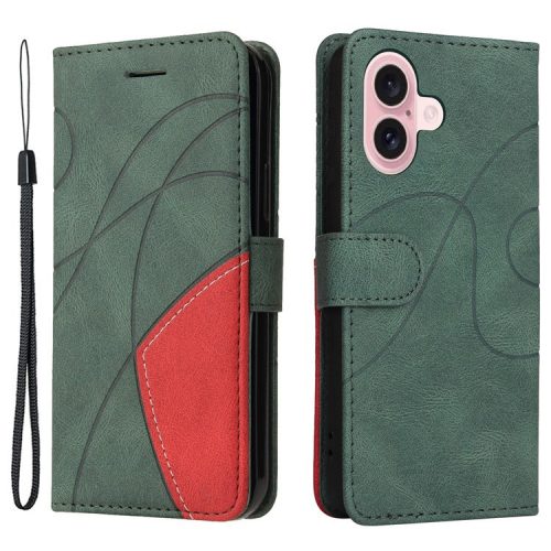 KT Leather Series-1 For iPhone 16 Case Color Splicing Wallet PU Leather Phone Cover -  Green