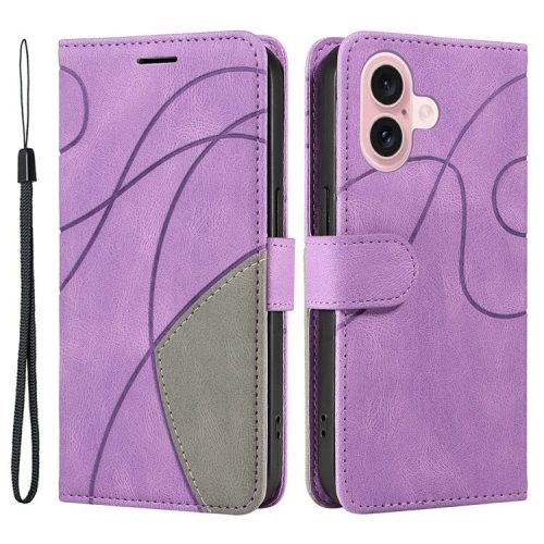 KT Leather Series-1 For iPhone 16 Case Color Splicing Wallet PU Leather Phone Cover -  Light Purple